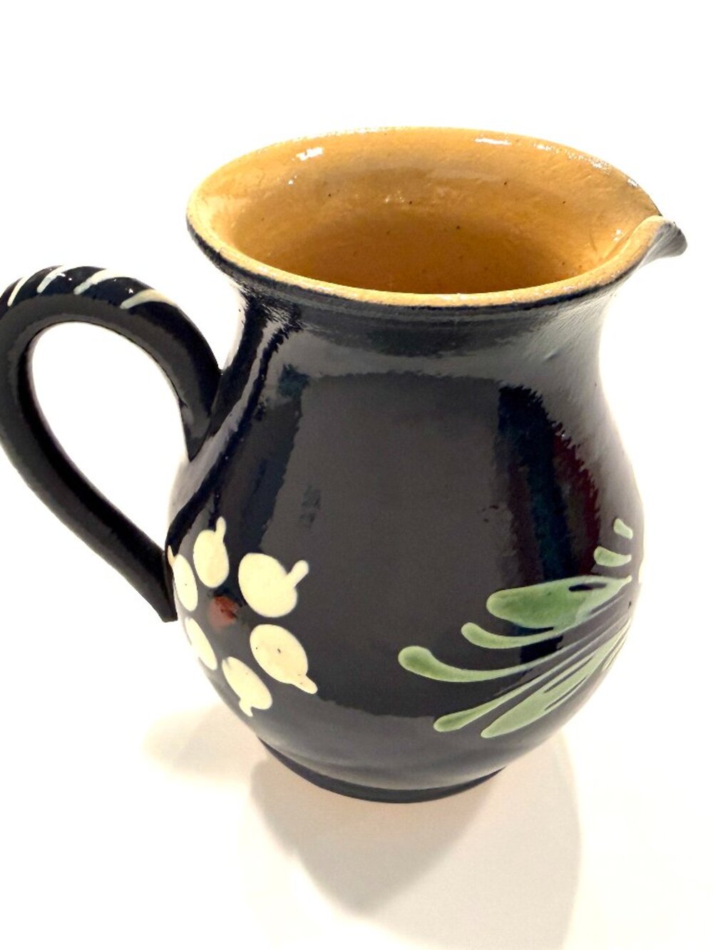 French Earthenware Cobalt Blue Glazed Ceramic Floral Pitcher Made In France